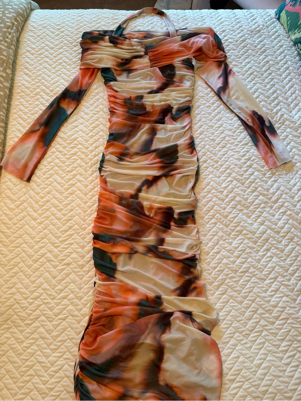 AFRM Off-Shoulder Ruched Midi Dress in Coral, Teal & Cream